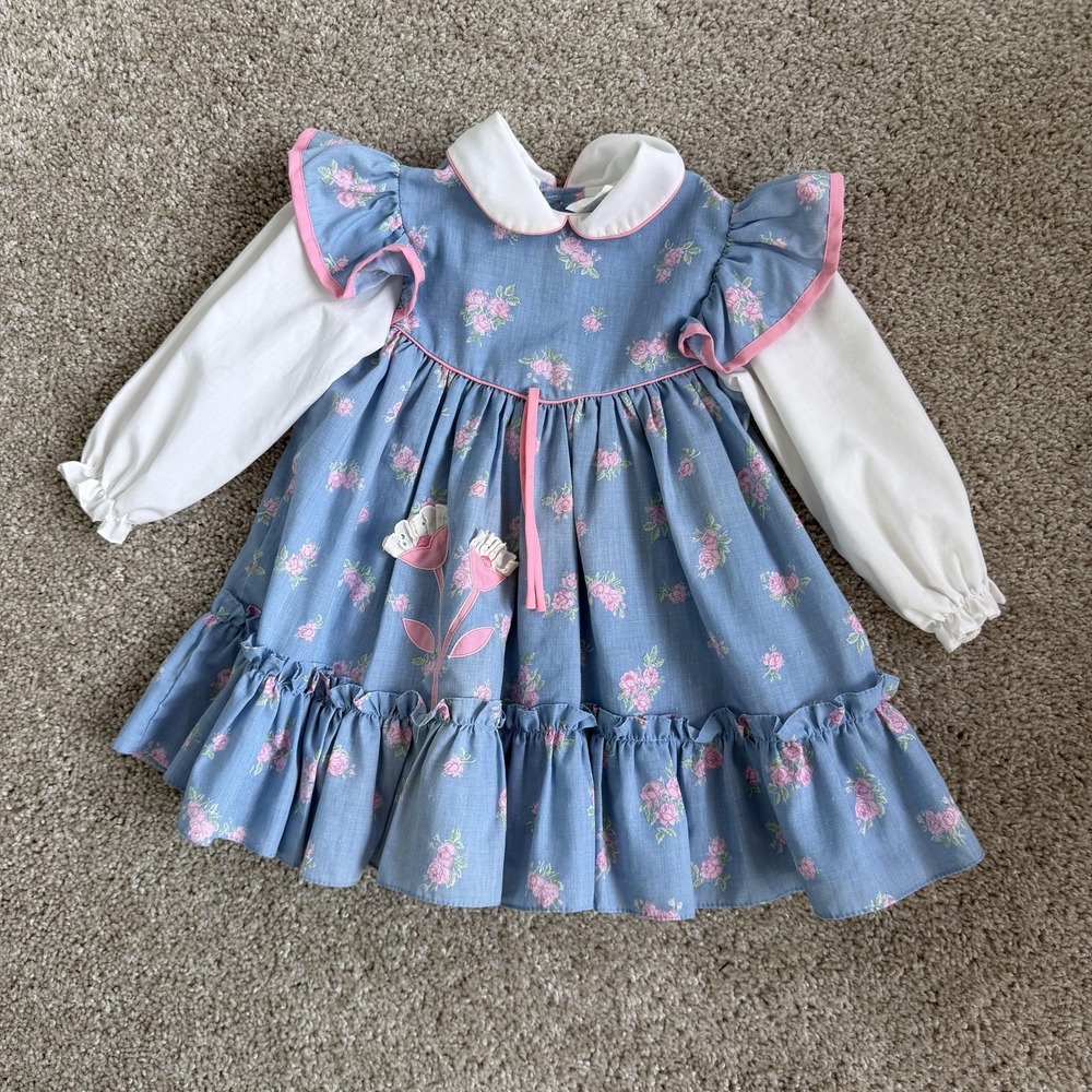Vintage Cradle Togs Dress Girls 3T Blue Floral Long Sleeve Ruffle Trim Ribbon